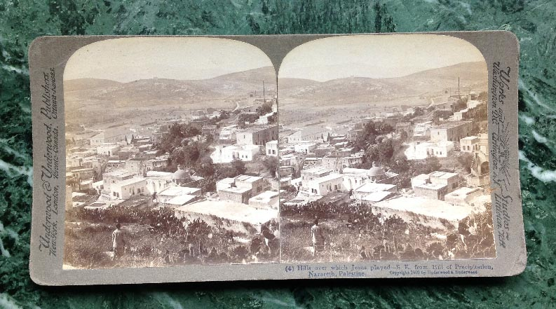 antique photograph stereoscope card featuring HILLS OVER WHICH JESUS PLAYED IN PALESTINE